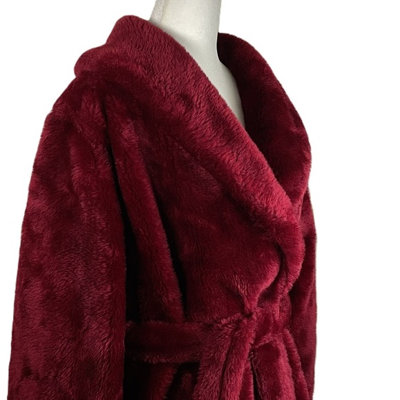 VTG Borg Fabric M Burgundy Faux Fur Robe Made in USA Plush Belted Long Lounge - Picture 6 of 14